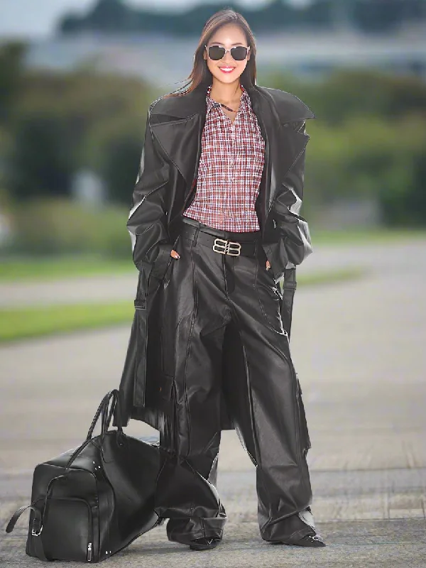 Ashore Shop Women's Travel Long Black Belted PU Leather Coat