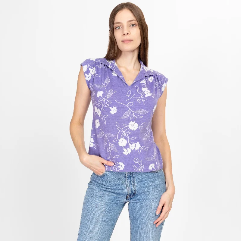 Small 80s Purple Floral Cap Sleeve Top