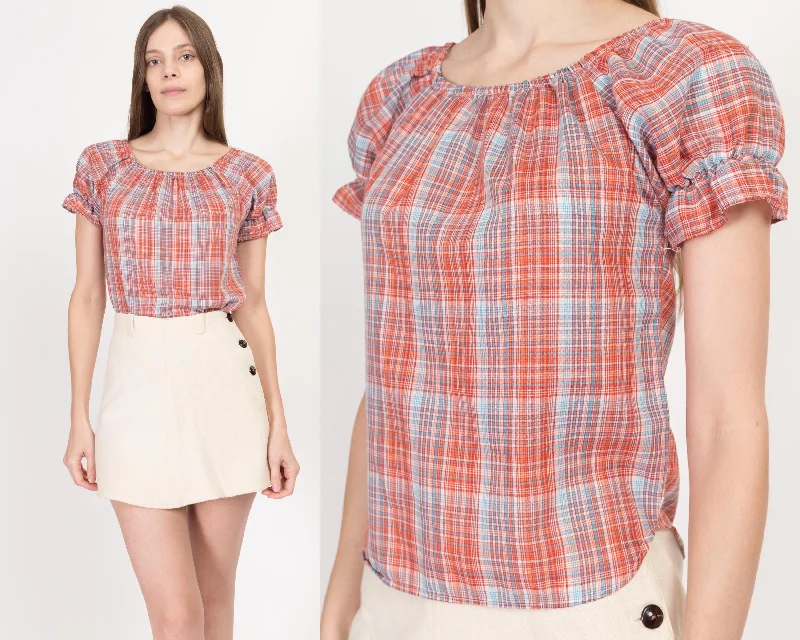 XS-Sm 70s Boho Plaid Puff Sleeve Top