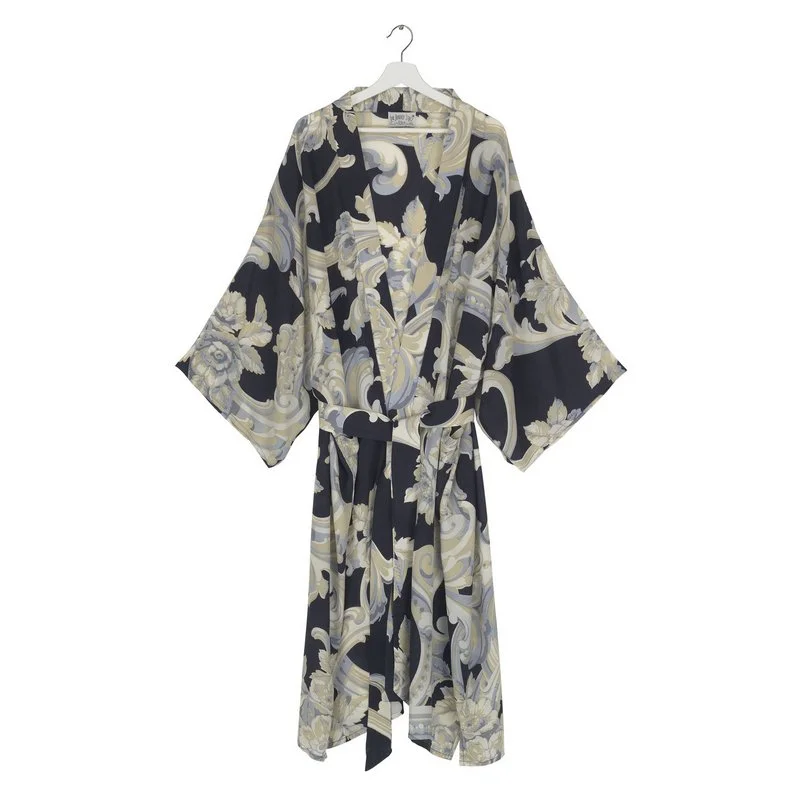 Long Crepe Kimono Plaster Roses Midnight